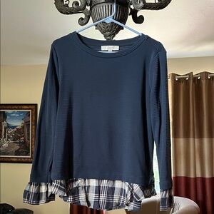 LOFT Navy Top with Plaid Detail